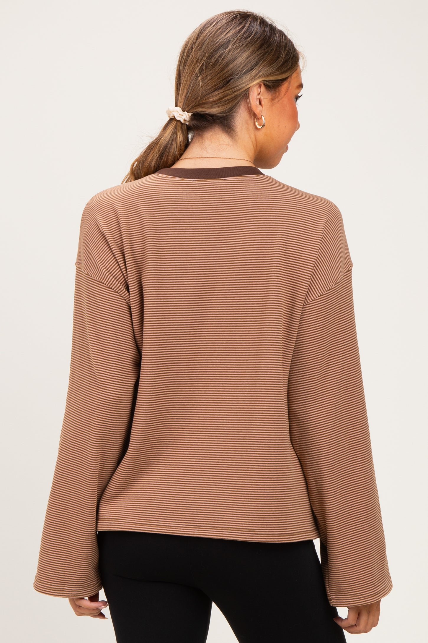 Brown Striped Long Sleeve Crewneck Maternity Shirt