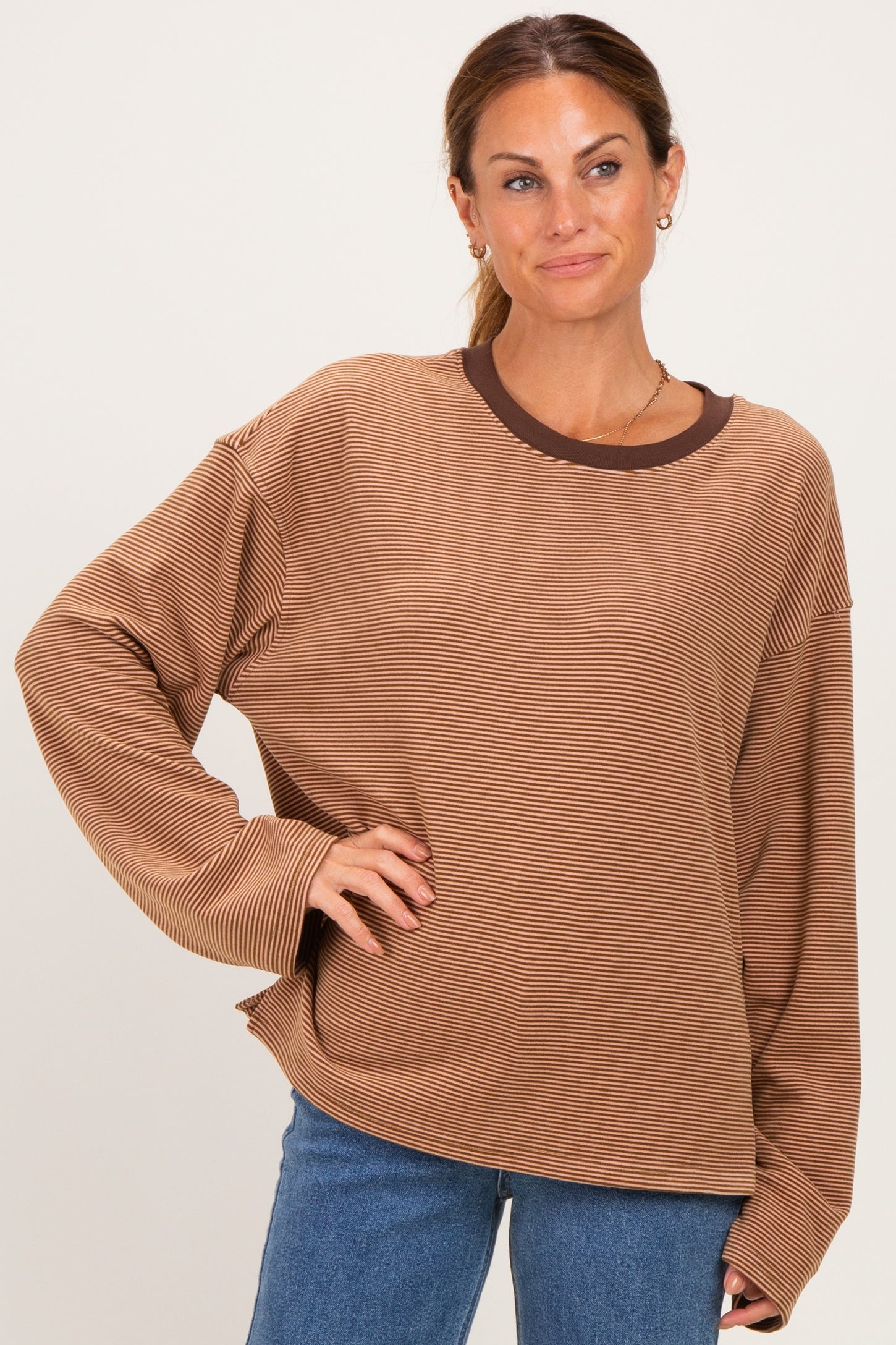 Brown Striped Long Sleeve Crewneck Maternity Shirt