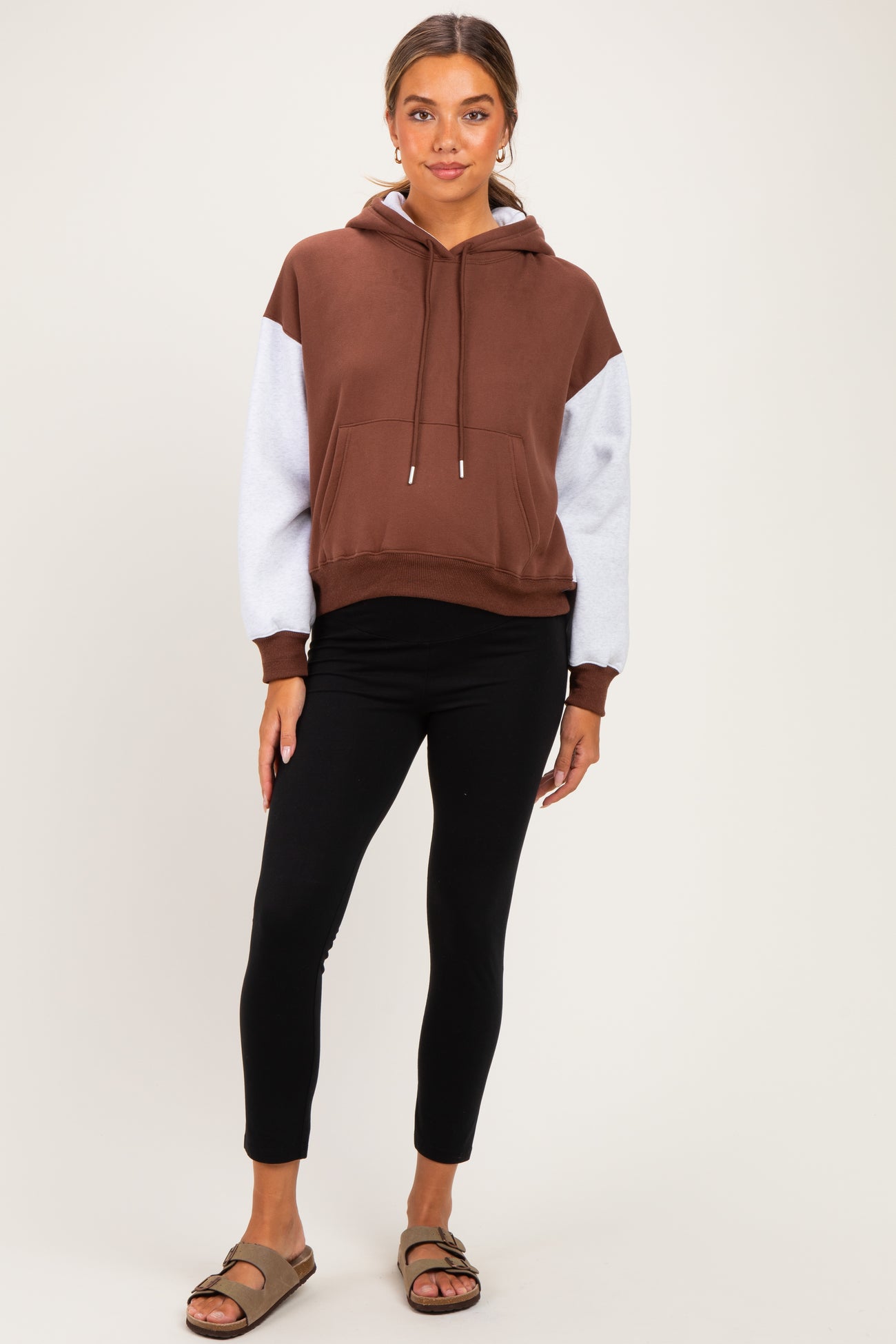Brown Colorblock Maternity Pullover Hoodie