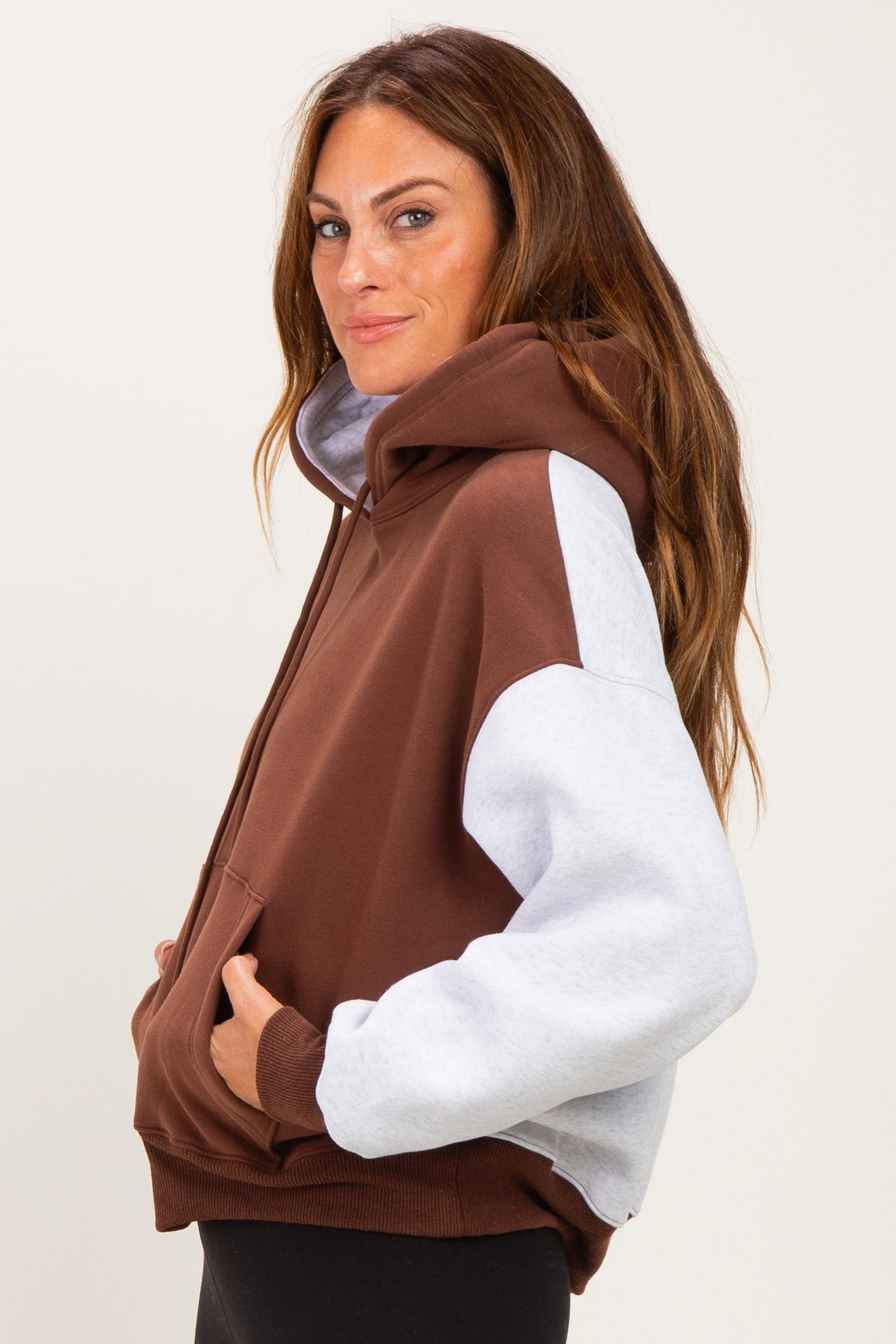 Brown Colorblock Pullover Hoodie
