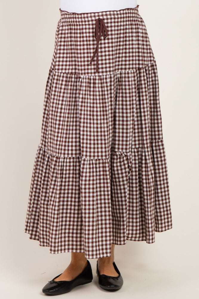 Brown Gingham Tiered Maternity Maxi Skirt