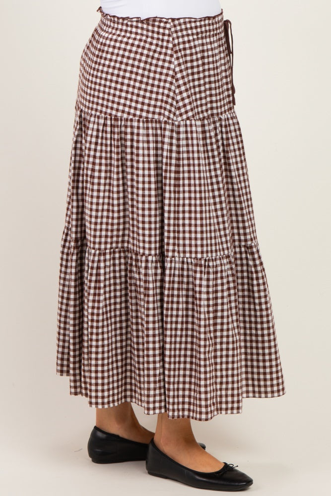 Brown Gingham Tiered Maternity Maxi Skirt