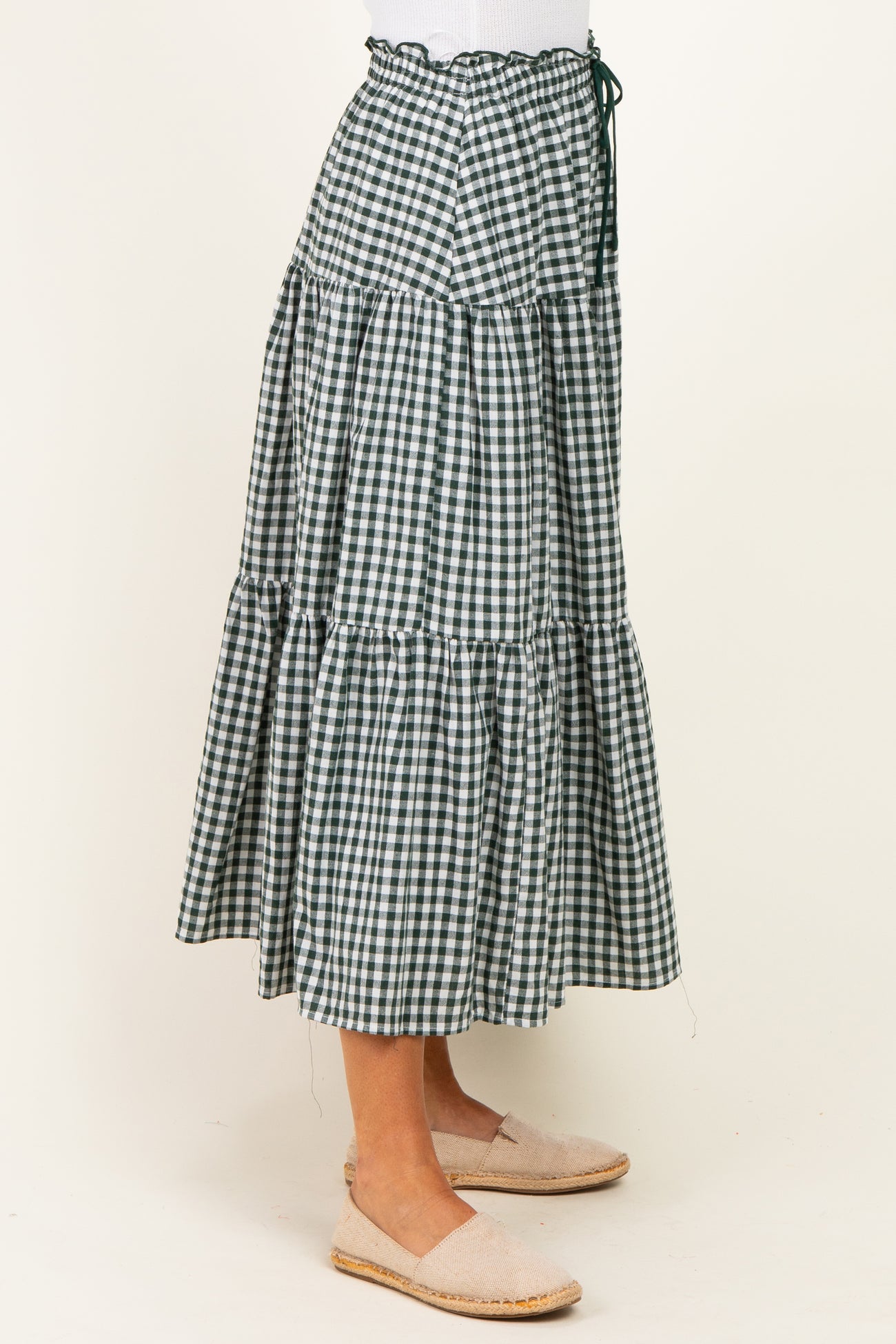 Olive Gingham Tiered Maxi Skirt