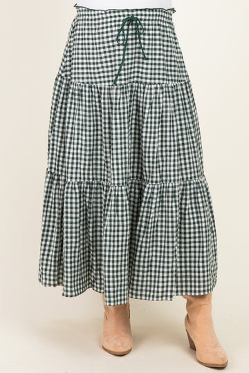 Olive Gingham Tiered Maternity Maxi Skirt