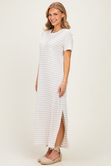 Oatmeal/ Ivory Striped Short Sleeve Midi Dress
