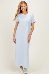 Ivory/ Light Blue Striped Short Sleeve Maternity Maxi Dress