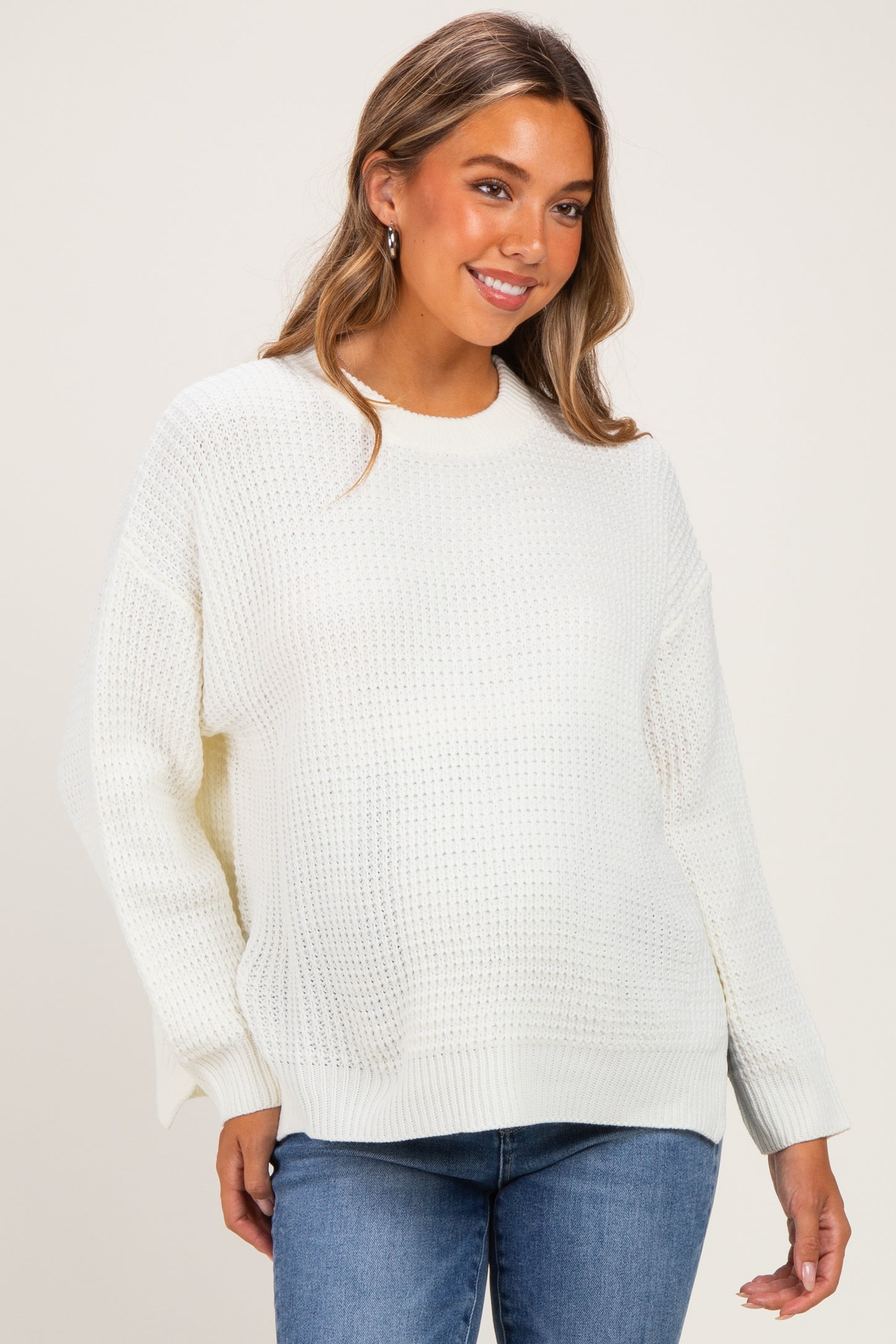 Ivory Waffle Knit Side Slit Maternity Sweater