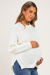 Ivory Waffle Knit Side Slit Maternity Sweater