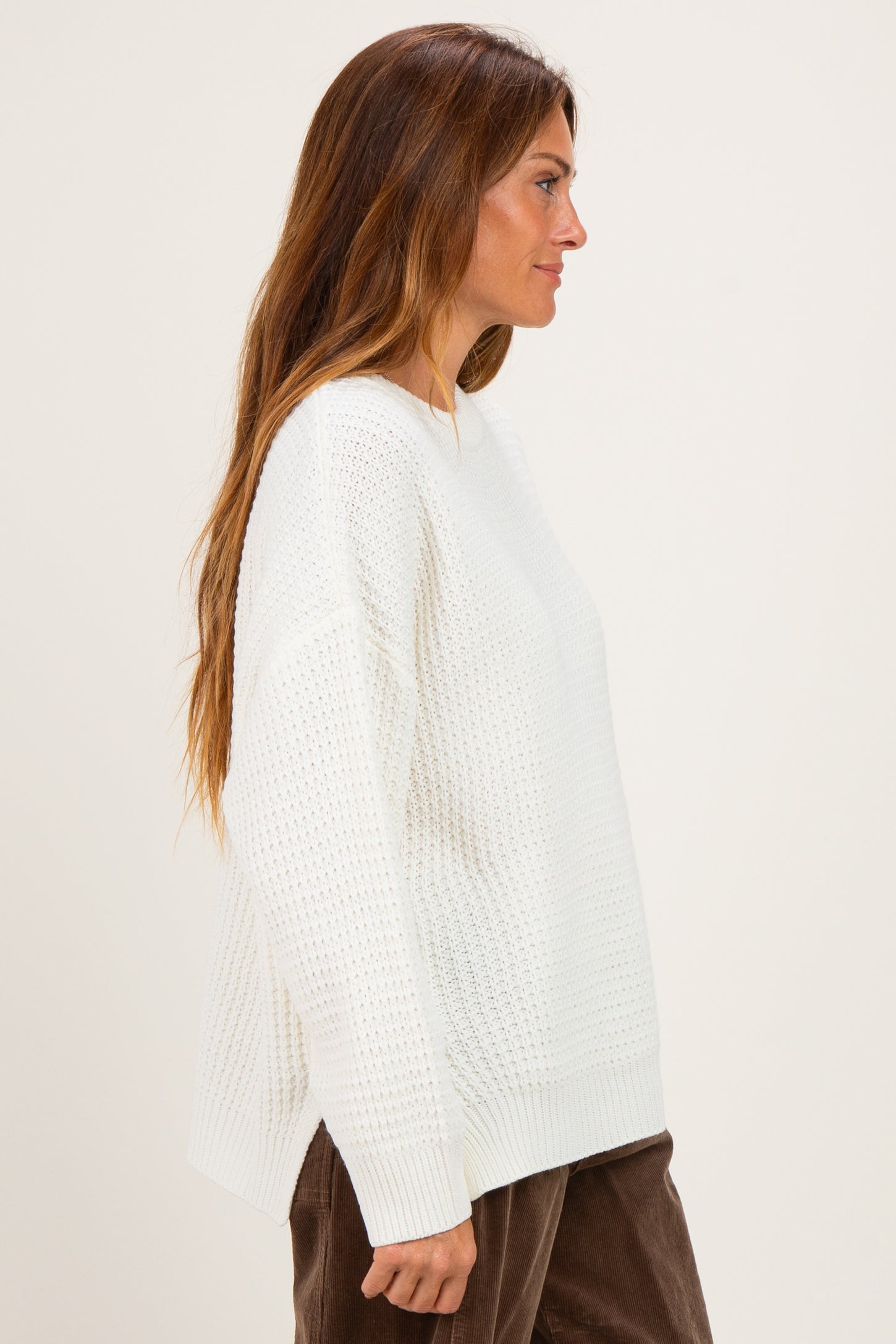 Ivory Waffle Knit Side Slit Sweater
