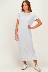 Ivory/ Heather Grey Striped Short Sleeve Maxi Dress