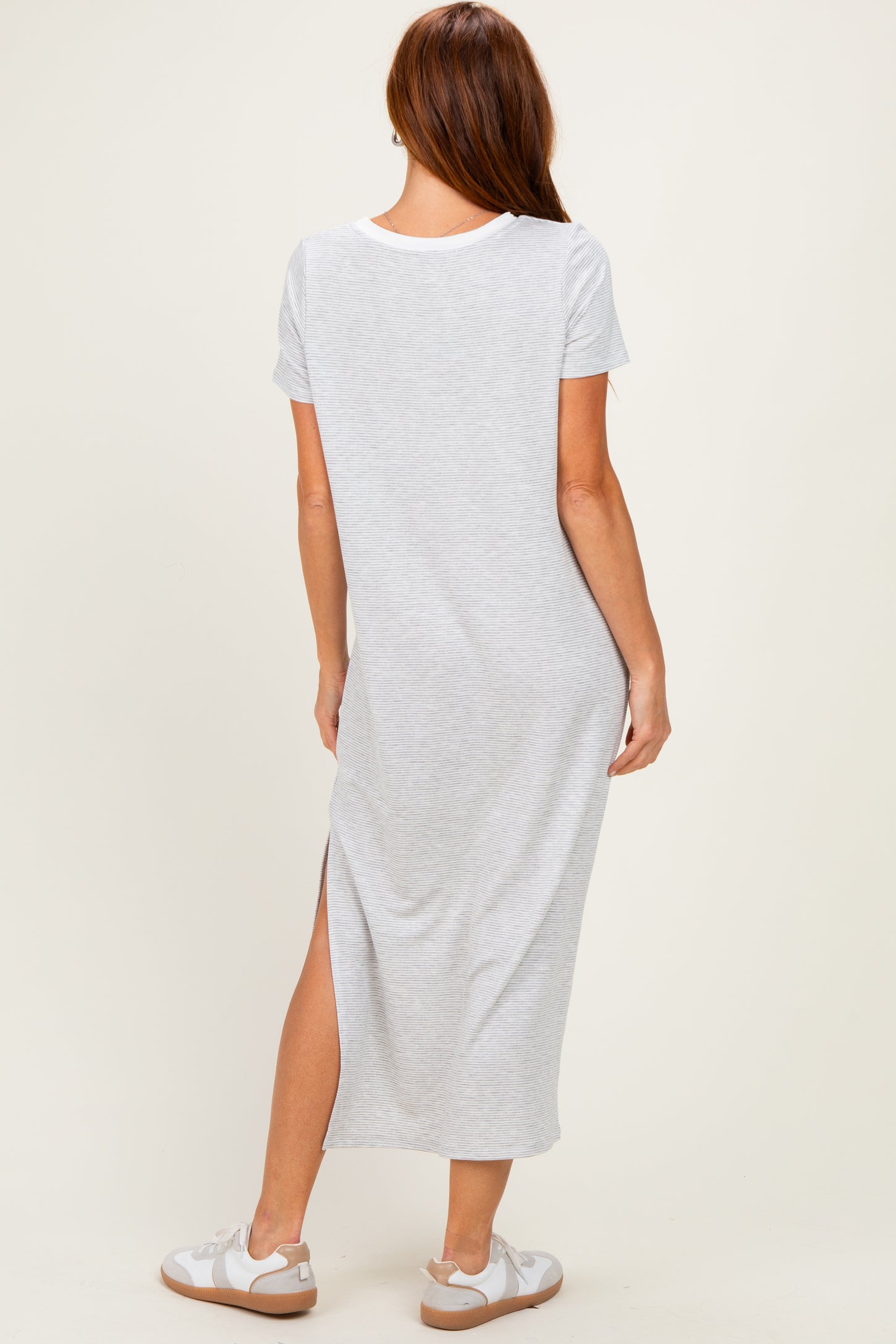 Ivory/ Heather Grey Striped Short Sleeve Maxi Dress