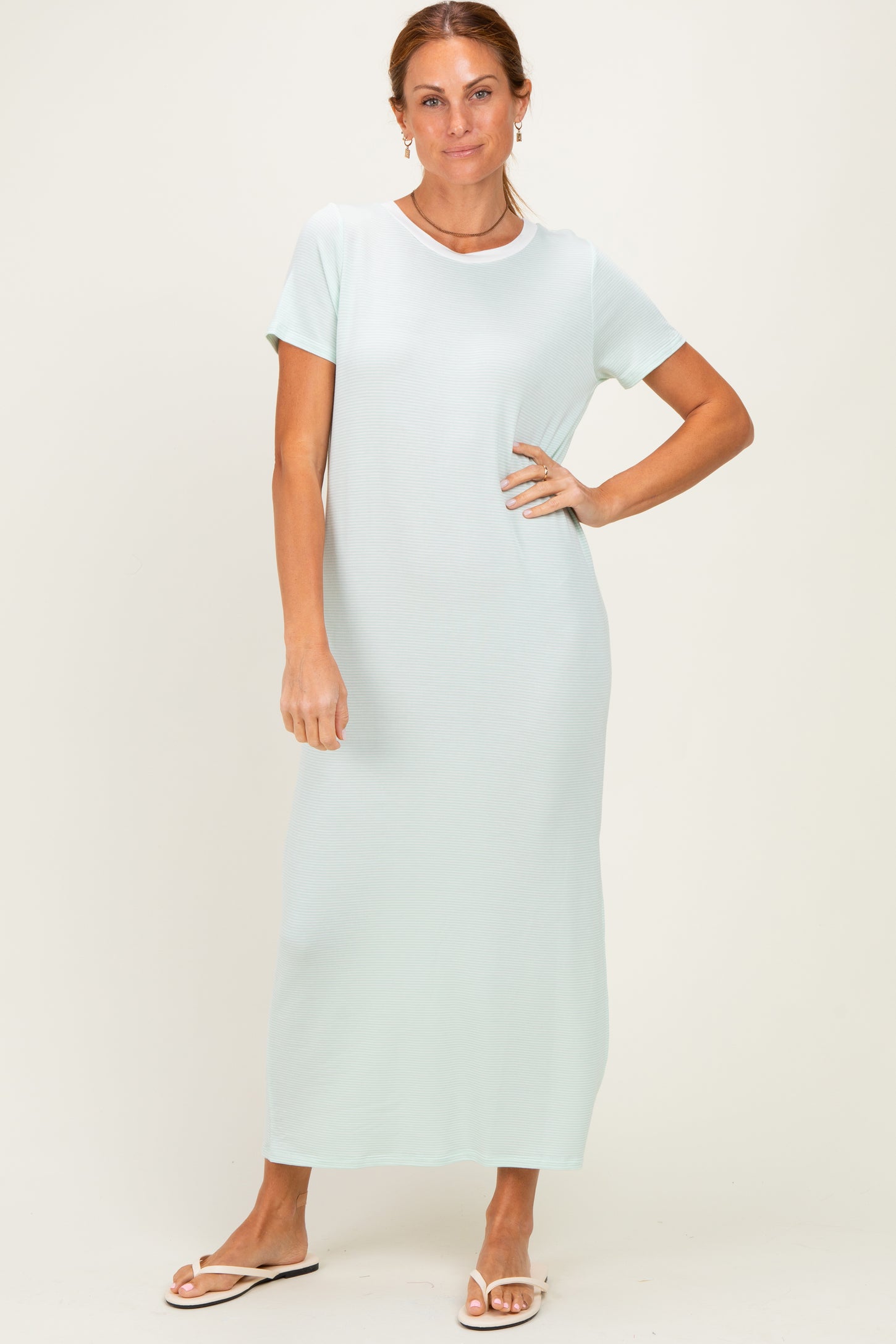 Ivory/ Mint Striped Short Sleeve Maxi Dress