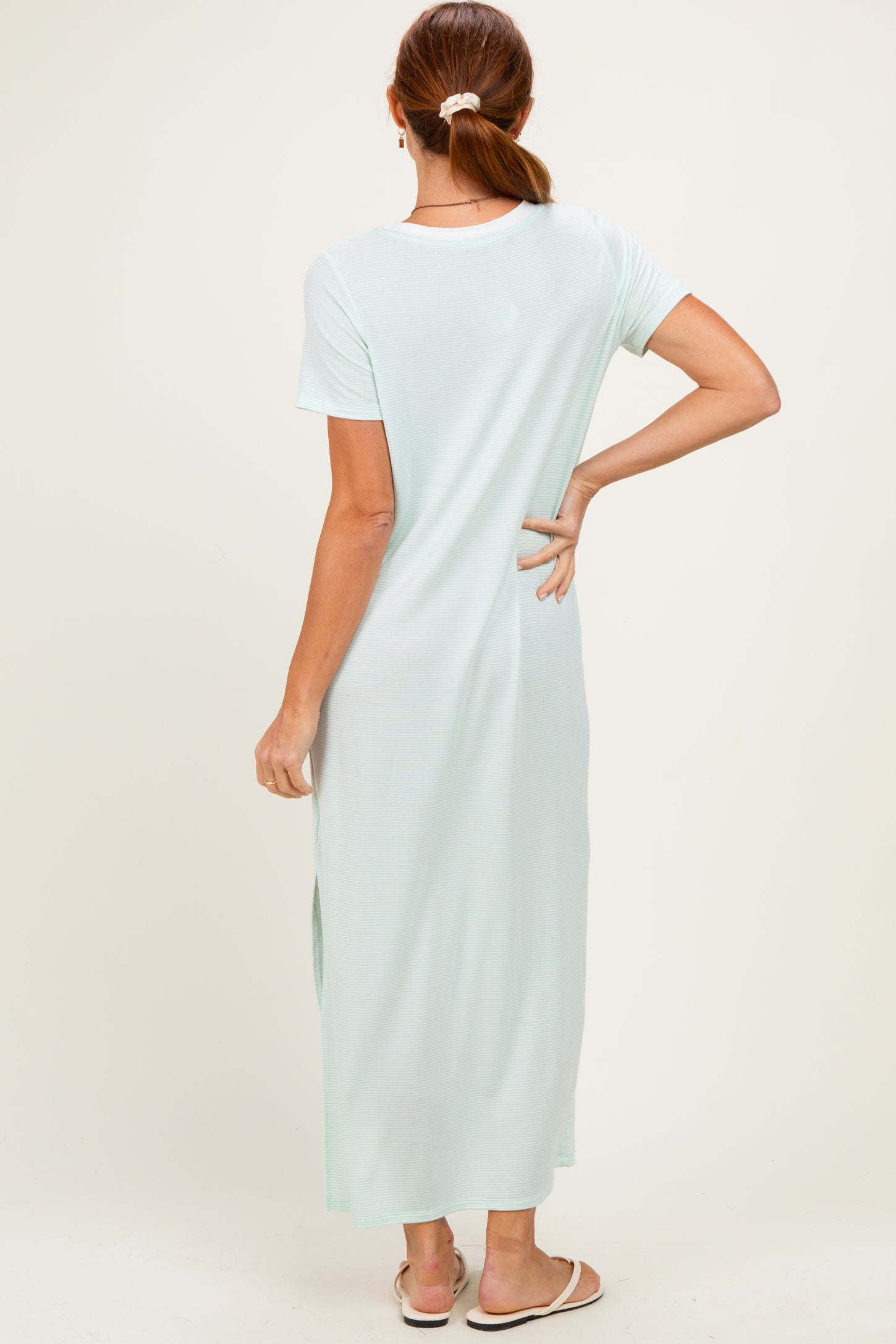 Ivory/ Mint Striped Short Sleeve Maxi Dress