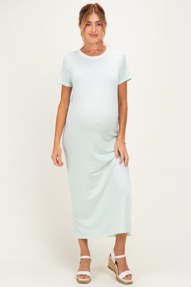 Ivory/ Mint Striped Short Sleeve Maternity Maxi Dress
