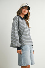 Grey Striped Long Sleeve Polo Top