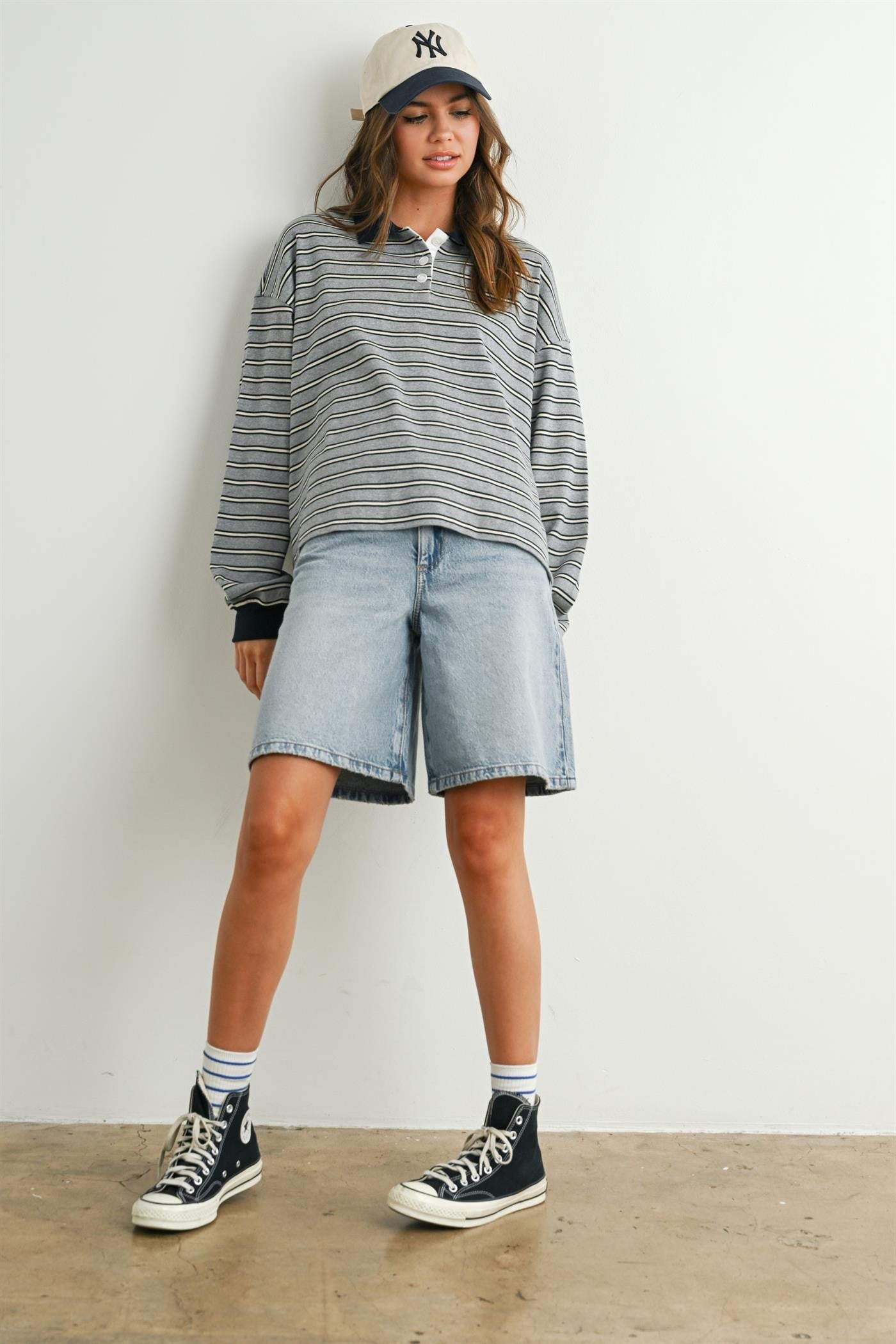 Grey Striped Long Sleeve Polo Top