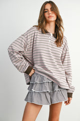Mauve Striped Long Sleeve Polo Maternity Top