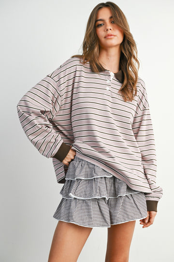 Mauve Striped Long Sleeve Polo Top