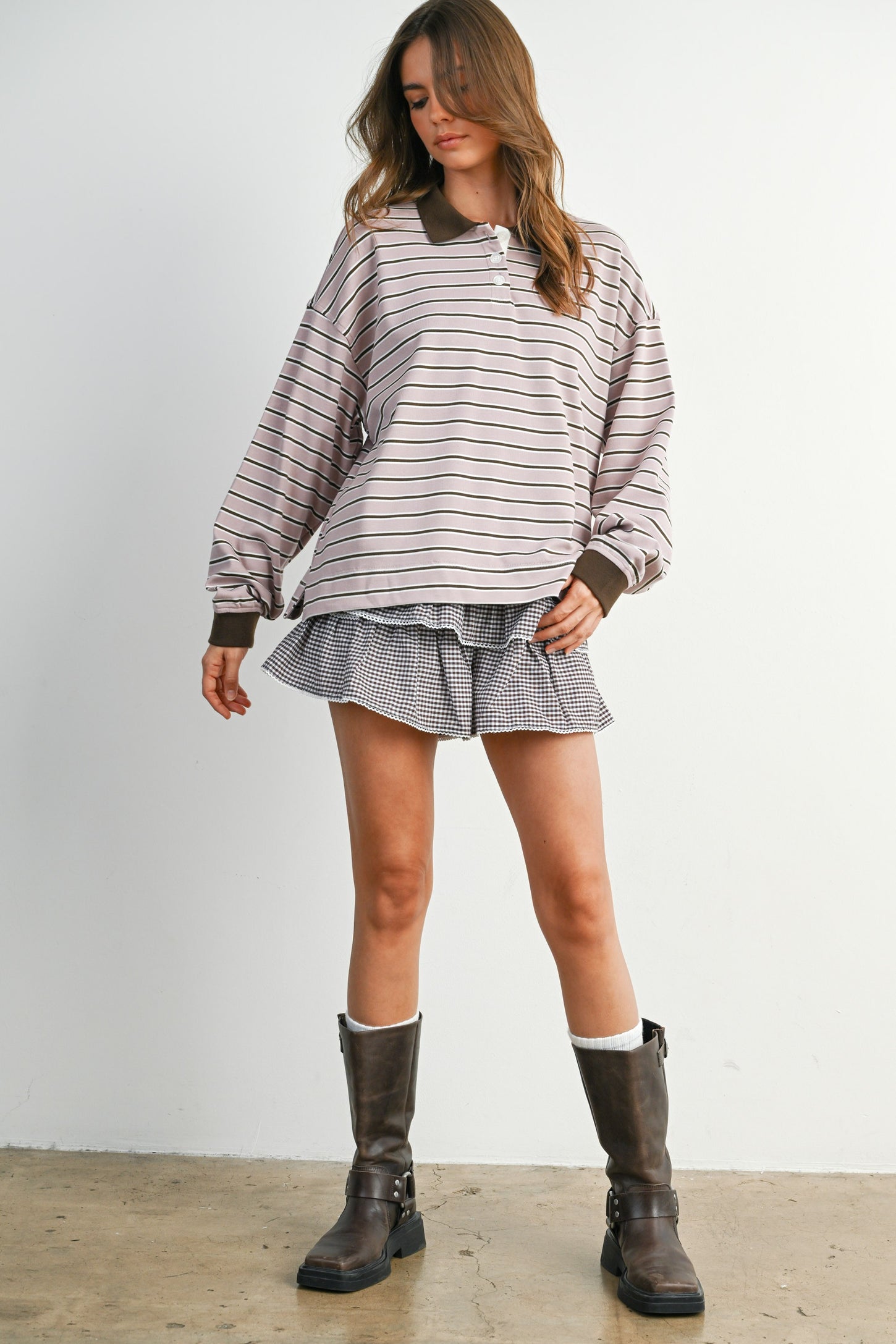Mauve Striped Long Sleeve Polo Top