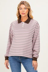 Mauve Striped Long Sleeve Polo Maternity Top