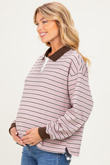 Mauve Striped Long Sleeve Polo Maternity Top