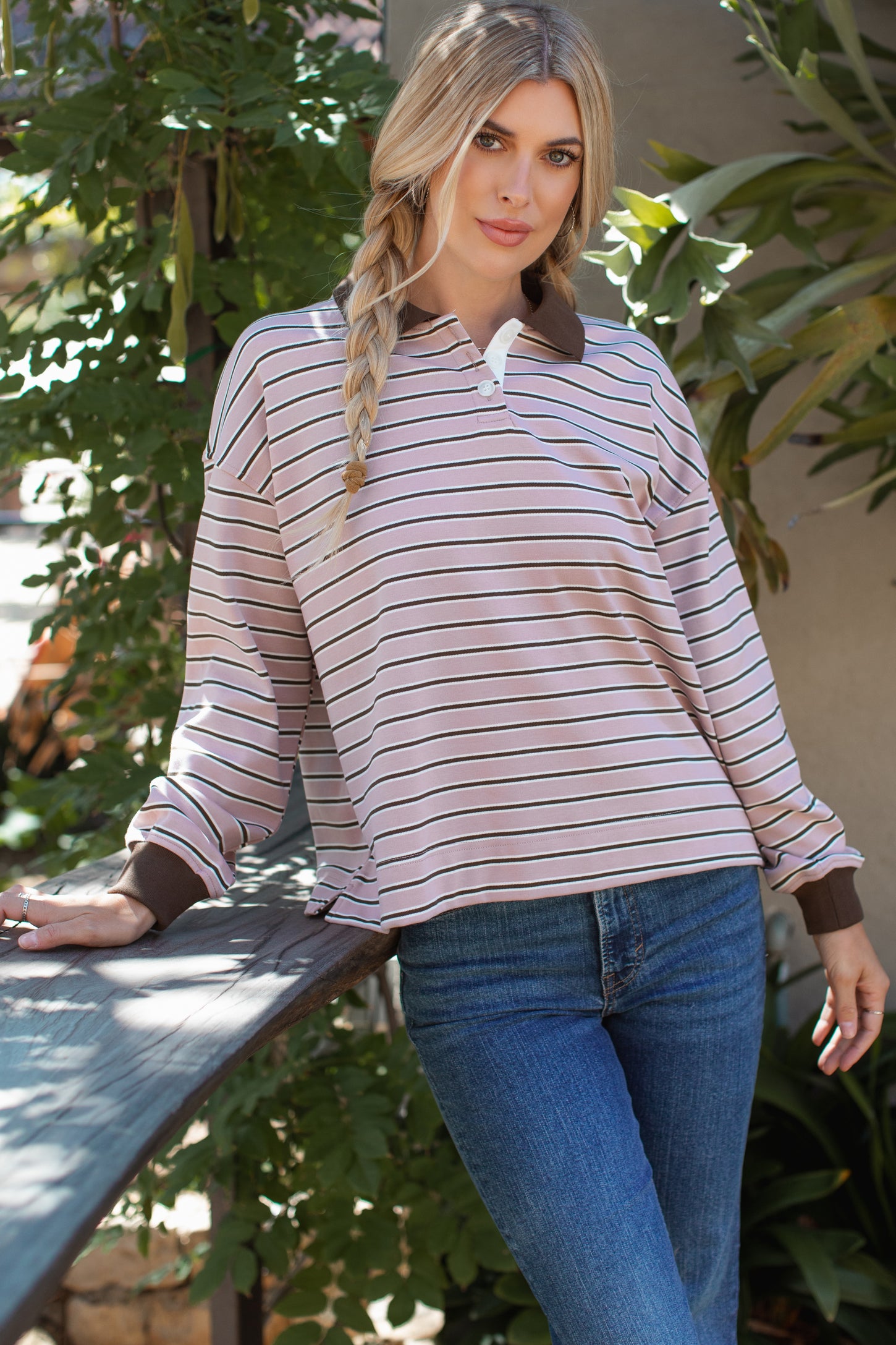 Mauve Striped Long Sleeve Polo Top