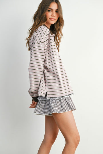 Mauve Striped Long Sleeve Polo Top