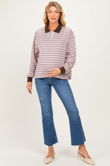 Mauve Striped Long Sleeve Polo Maternity Top
