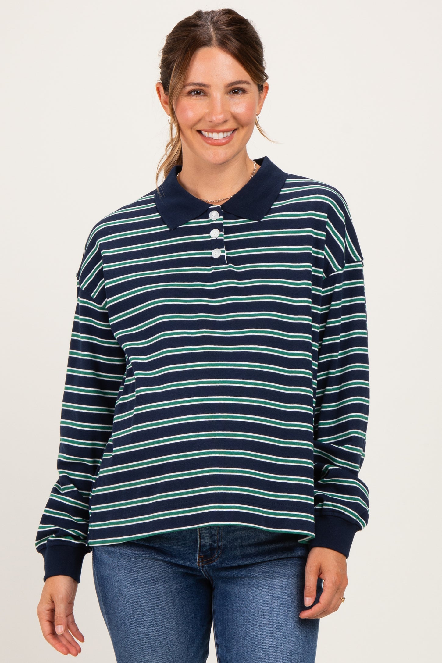 Navy Striped Long Sleeve Polo Maternity Top
