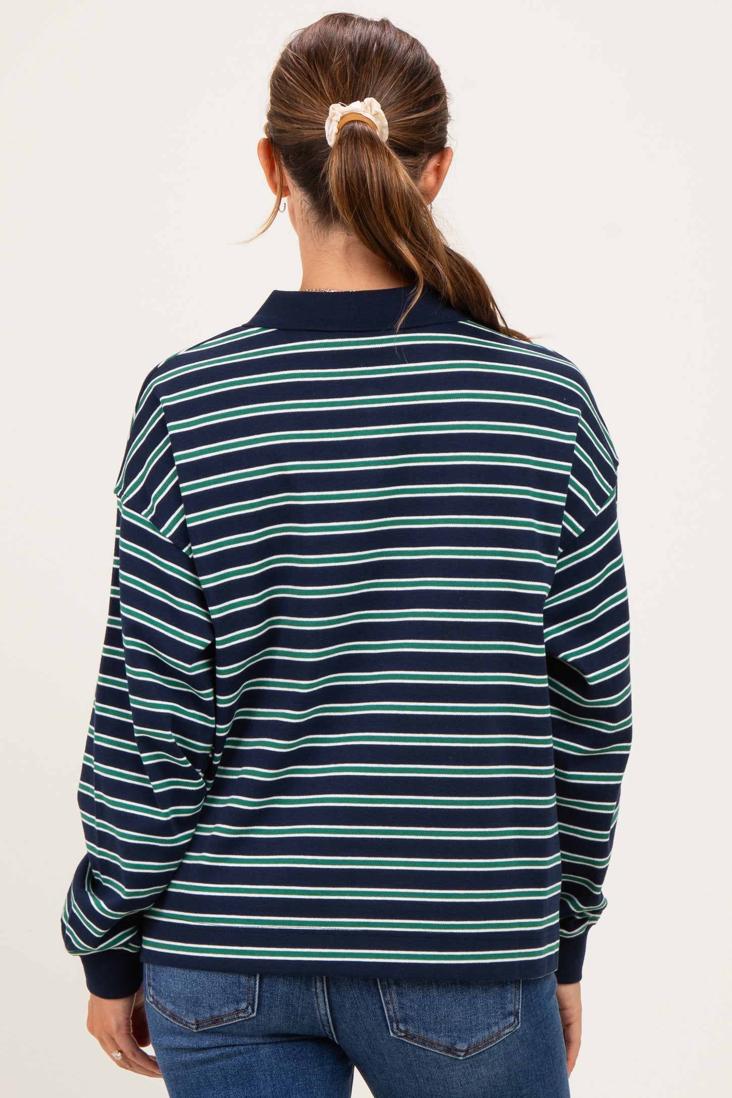Navy Striped Long Sleeve Polo Maternity Top