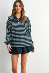 Navy Striped Long Sleeve Polo Top