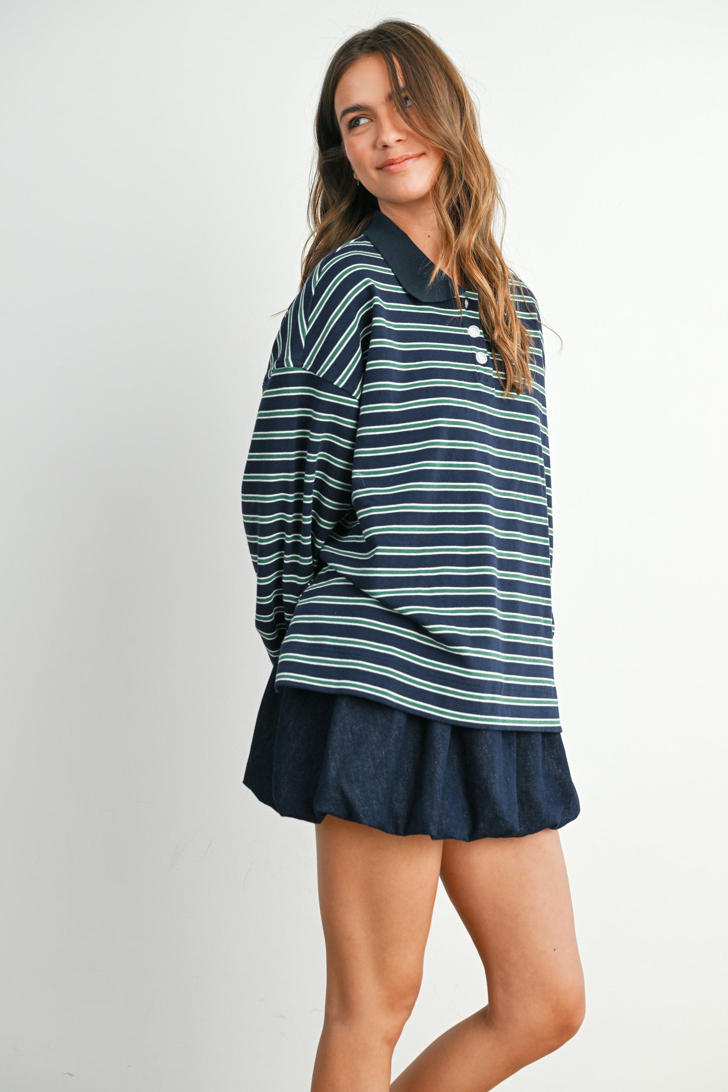 Navy Striped Long Sleeve Polo Top