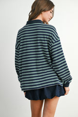 Navy Striped Long Sleeve Polo Top