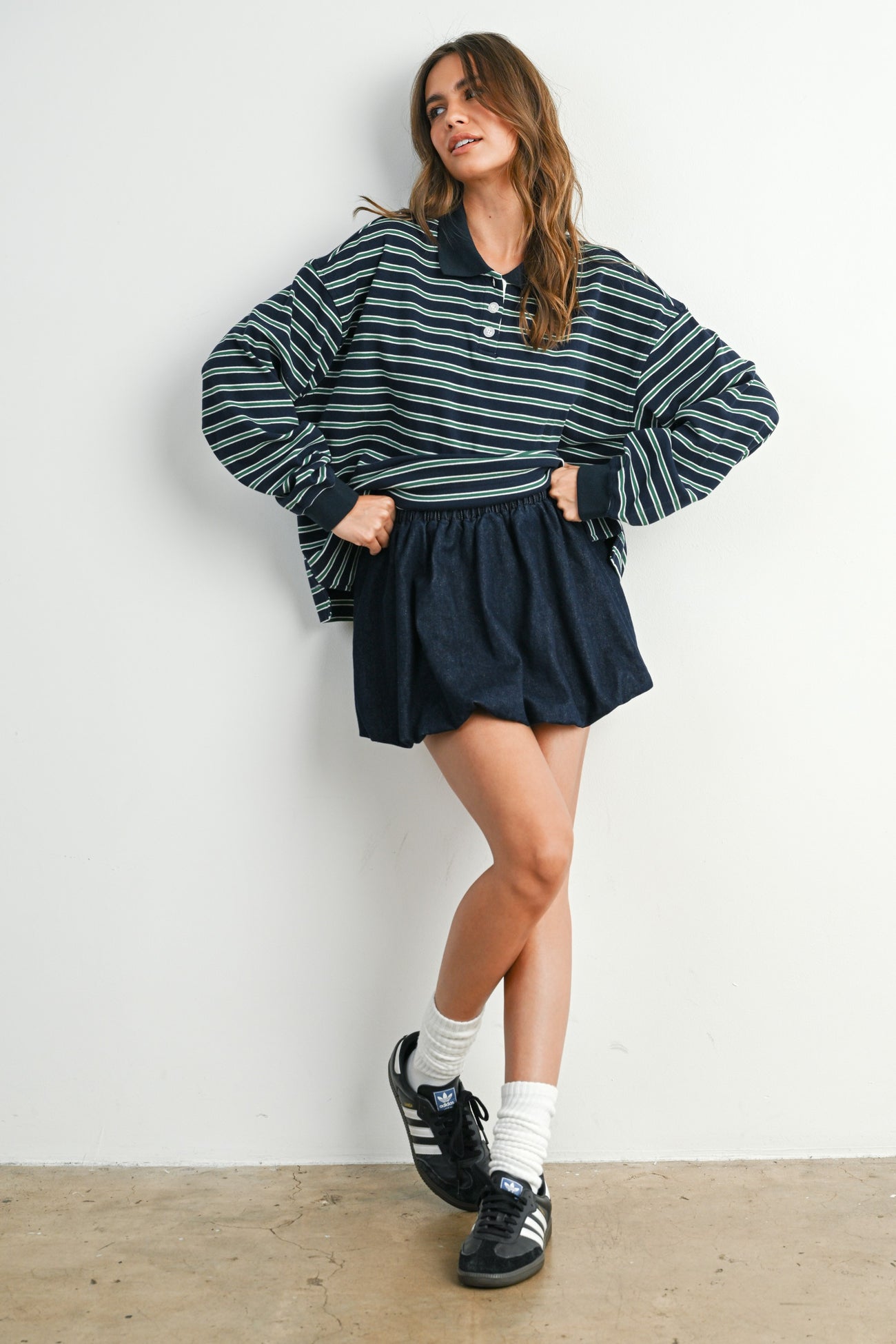 Navy Striped Long Sleeve Polo Top