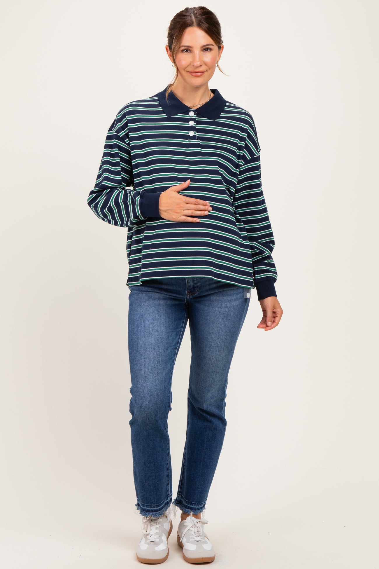 Navy Striped Long Sleeve Polo Maternity Top
