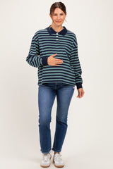 Navy Striped Long Sleeve Polo Maternity Top