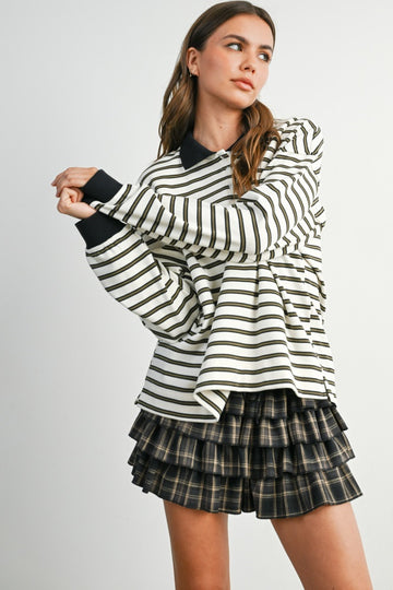 Ivory Striped Long Sleeve Polo Top