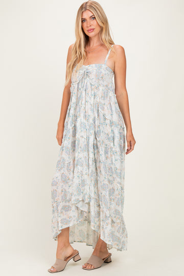 Cream Hi-Lo Spaghetti Strap Paisley Ruffle Maxi Dress