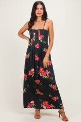 Black Floral Thin Strap Midi Dress