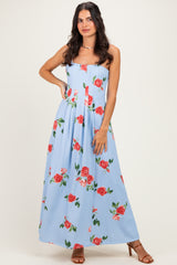 Light Blue Floral Thin Strap Maternity Midi Dress