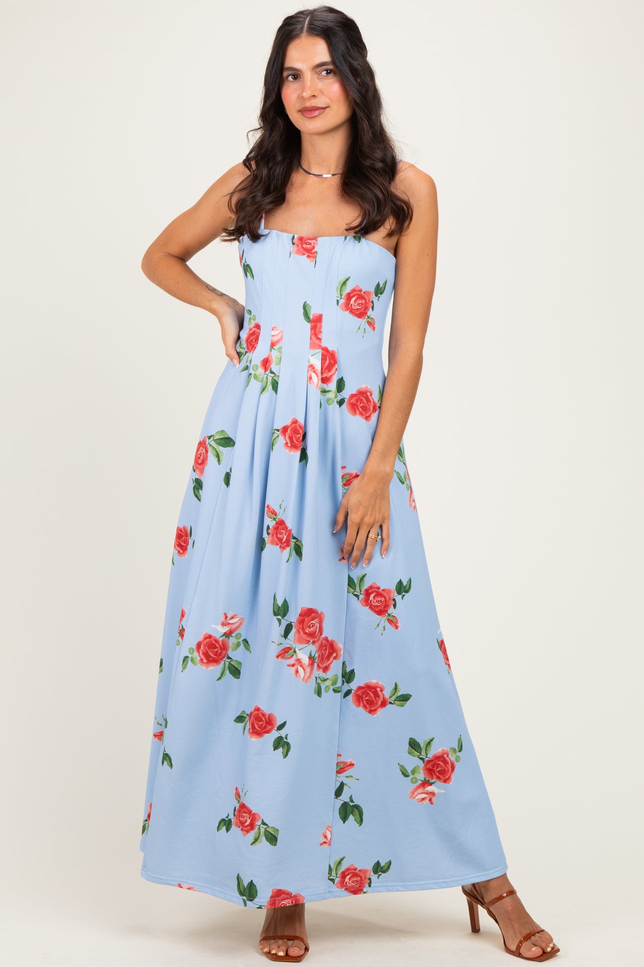 Light Blue Floral Thin Strap Midi Dress