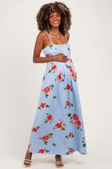 Light Blue Floral Thin Strap Maternity Midi Dress