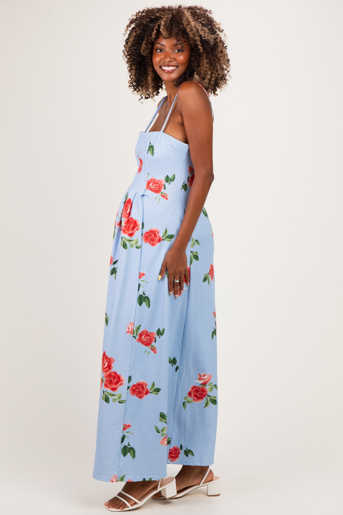 Light Blue Floral Thin Strap Maternity Midi Dress
