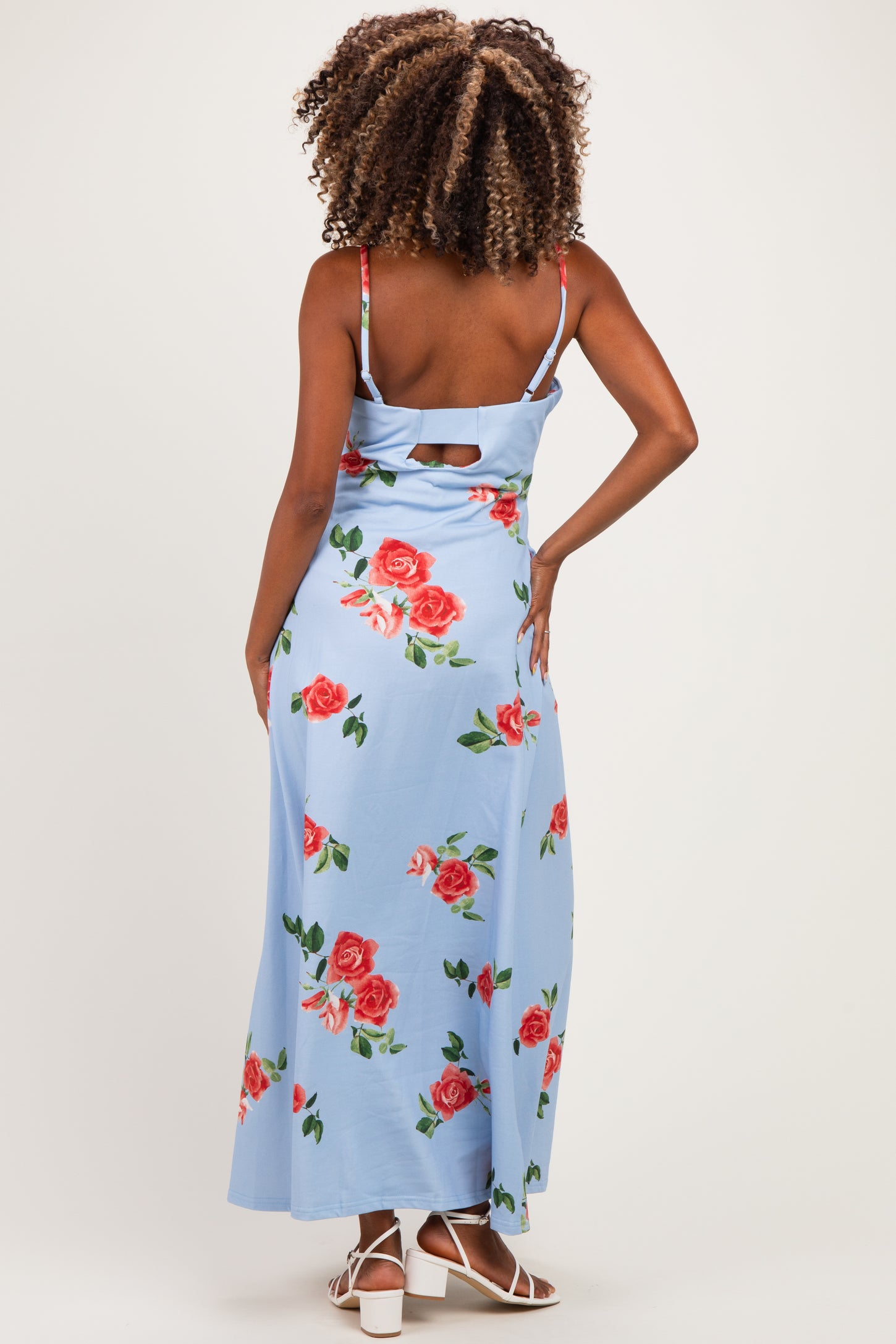 Light Blue Floral Thin Strap Maternity Midi Dress