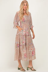Taupe Floral Smocked Chiffon Tiered Maxi Dress