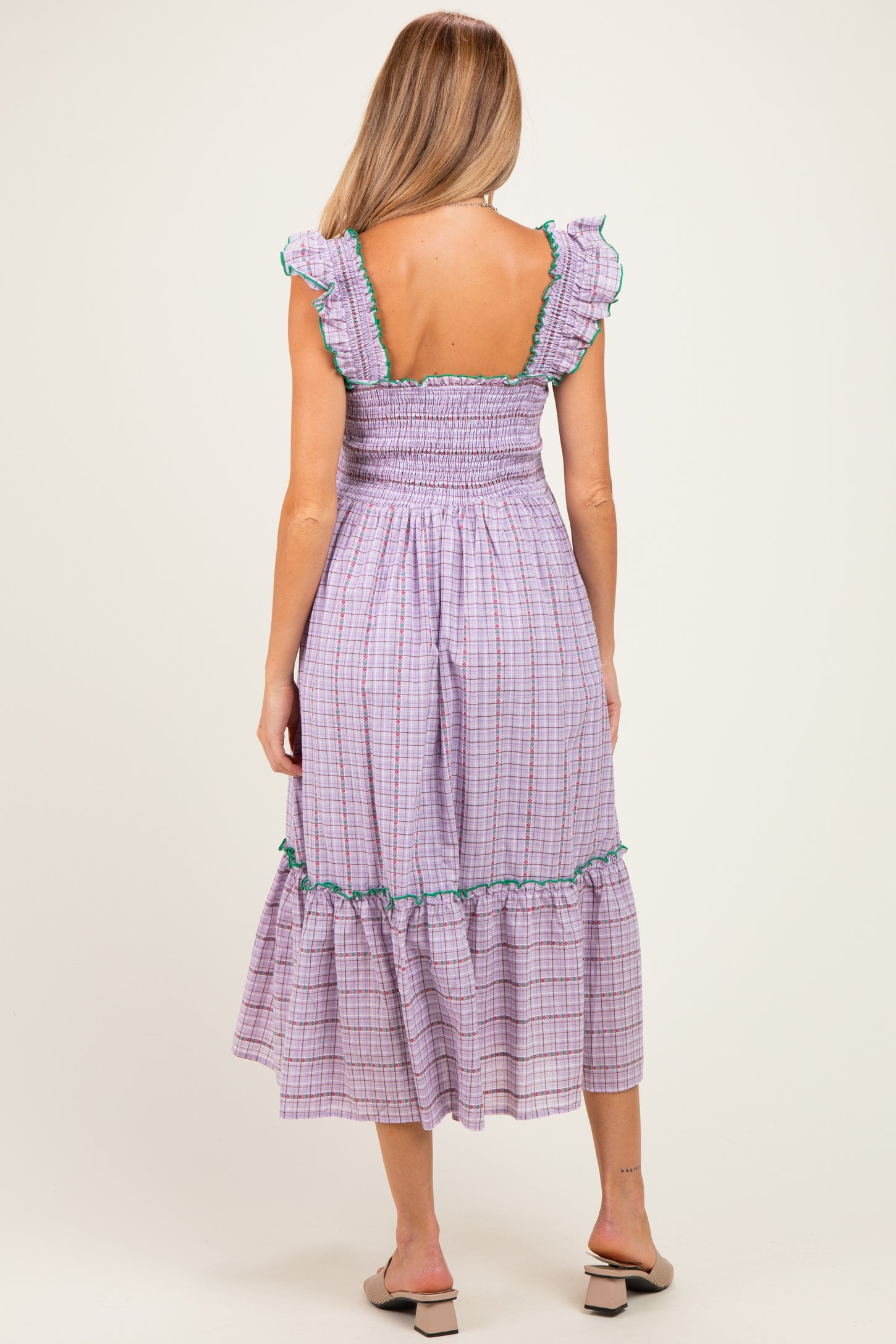 Lavender Plaid Smocked Ruffle Accent Maternity Midi Dress
