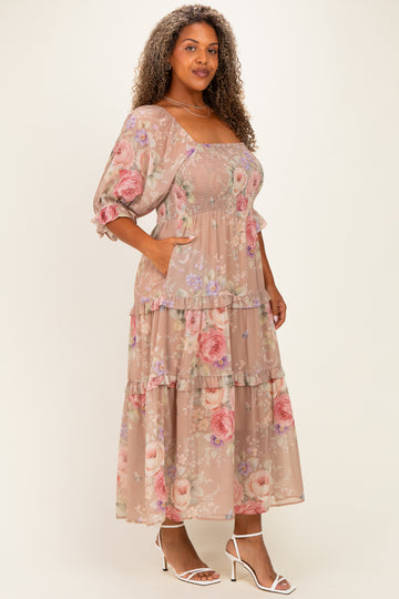 Taupe Floral Smocked Chiffon Tiered Plus Maxi Dress
