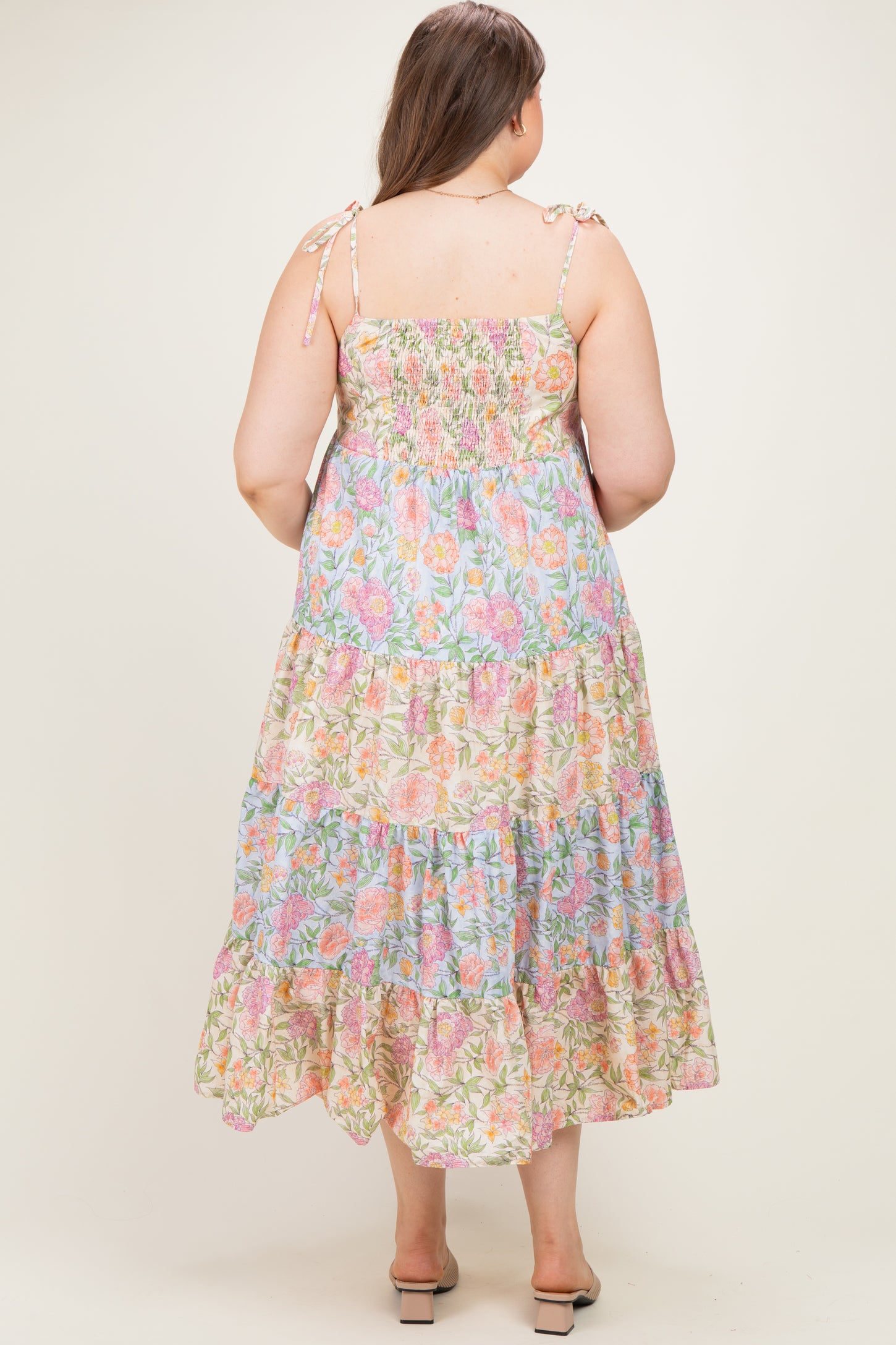 Pink Floral Colorblock Tiered Maternity Plus Maxi Dress