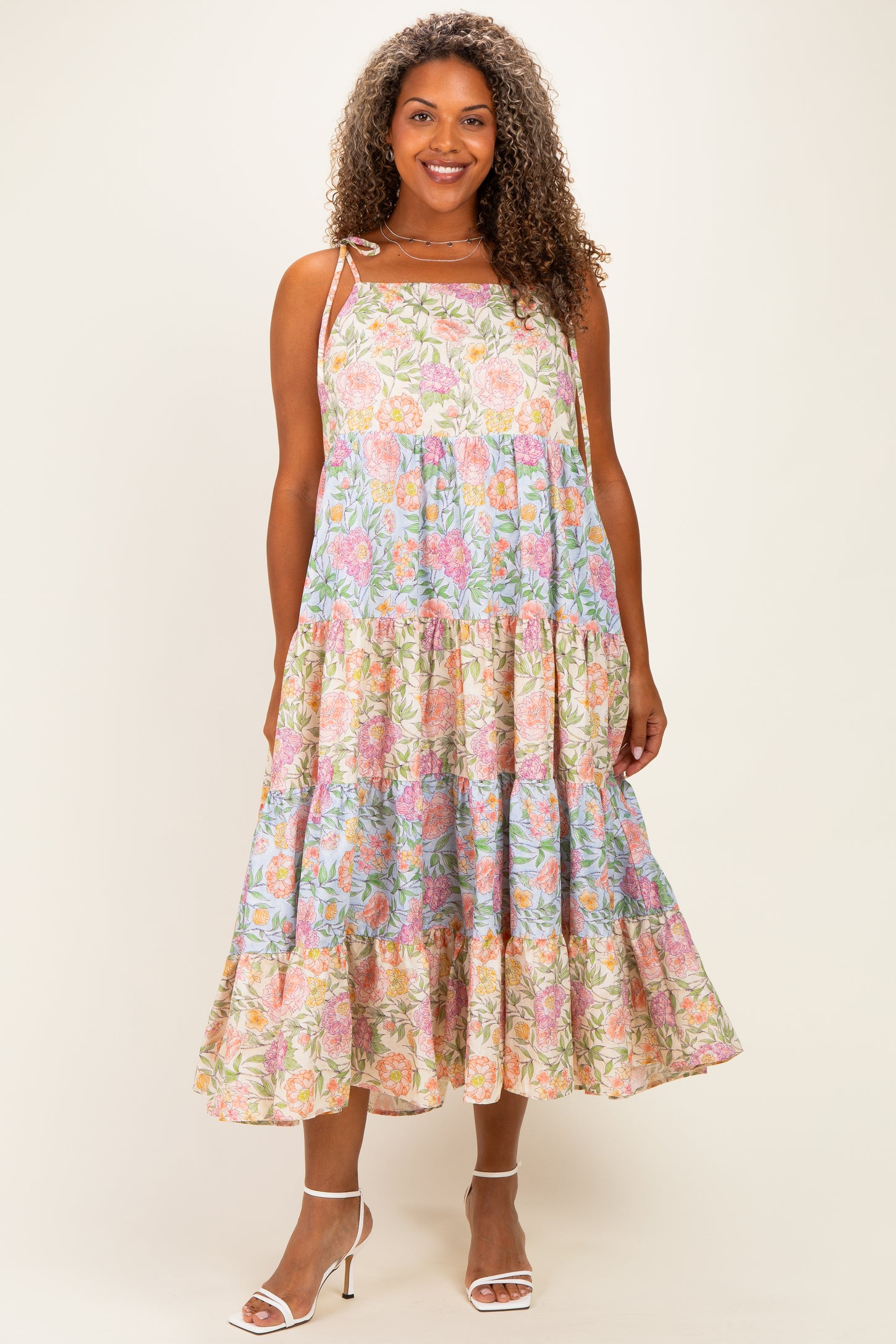 Pink Floral Colorblock Tiered Plus Maxi Dress