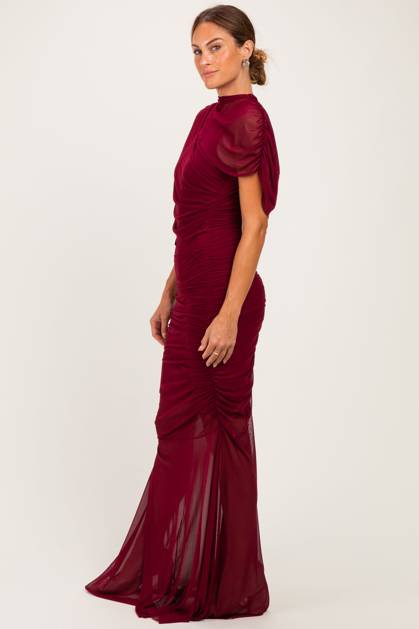Burgundy Draped Bodice Ruched Mesh Maxi Dress